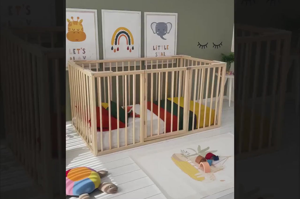 Montessori Wooden Playpen Bed with door and slats